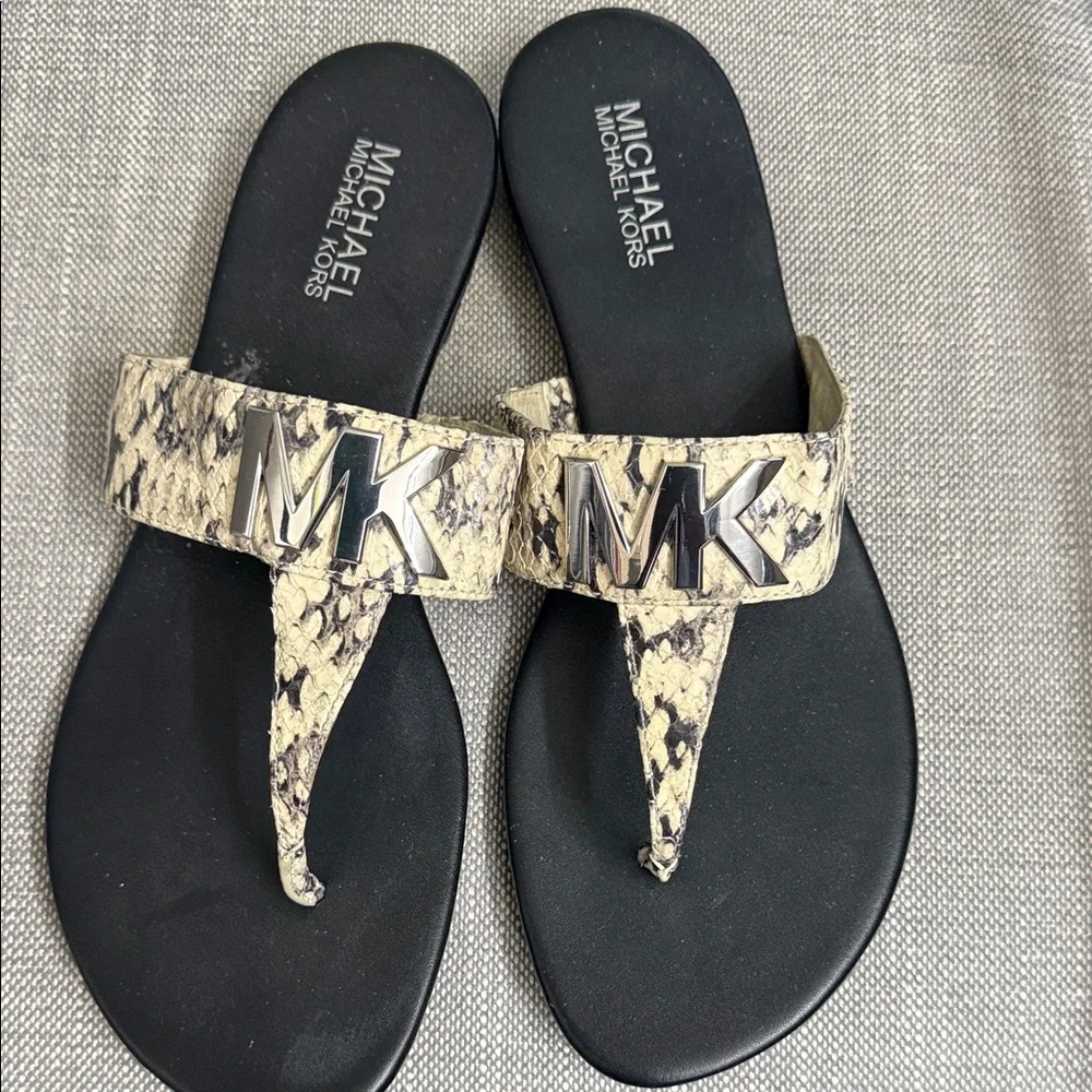 Michael Kors Black and Tan Animal Leather Sandals - Picture 2 of 3
